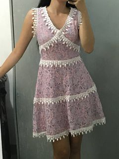 Pastel Pink and Blud Tiered HQ Lace Mini Dress