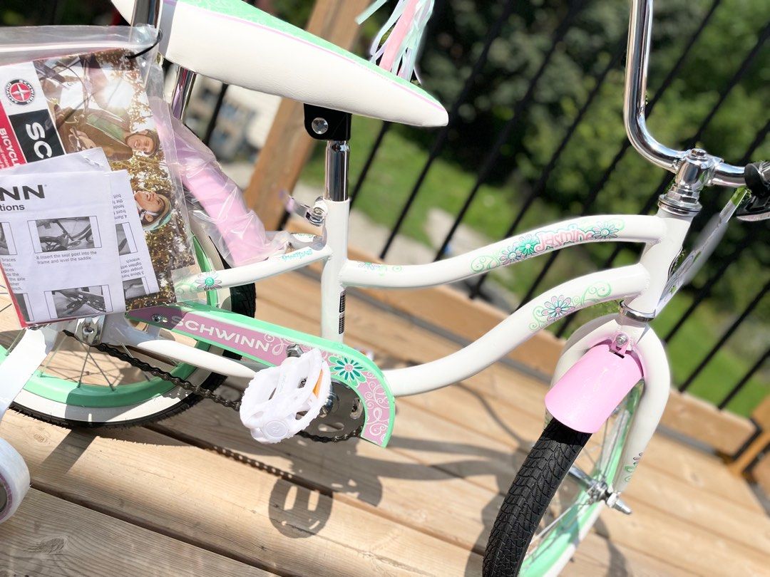Pink Jasmine Girls 16” Training Wheel Bike BRAND NEW IN BOX (Category: Bicycles) located in Toronto. Submitted by solankytha47479 (Listing ID 1310437099, Image 3). Description: Schwinn Girls Jasmine White Pink 16” Inch Bicycle with Training Wheels Classic Retro Style Retail $190 Our Price $120 DM for shipping.