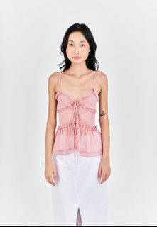 Pink Lace Up Front Bow Sleeveless Tiered Ruffle Hem Cami Top