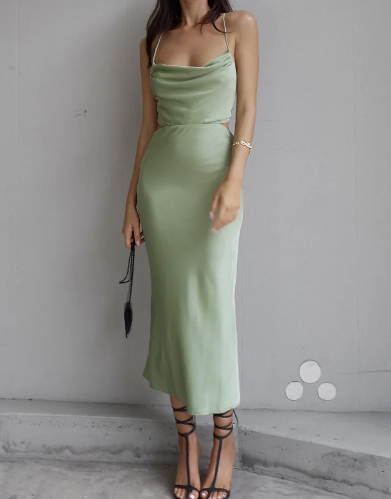 Deadstock Mandalay Sage Green Beaded Lace Silky Satin Dress — Size 8 main image 0