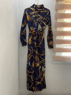 SHEIN BAROQUE PRINT JUMPSUIT BUTTON FRONT WITH BELT NAVY BOUE GUCCI CHAIN PRINT