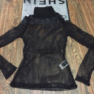 SHEIN BLACK MESH NET COVER UP LONGSLEEVE TURTLE NECK TOP