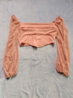 SHEIN MOD Lantern Sleeve Ruched Bustier Bandana Hem Crop Pink Chest-Back Discount Top
