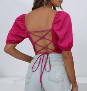 SHEIN Privé Lace Up Backless Puff Sleeve Top