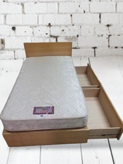 Single Sized Wooden Bed Frame and Mattress Set with Storage Drawers