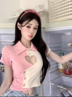 粉紅純欲風不規則愛心鏤空拼色短袖T卹女夏修身polo領短上衣64201642998145110