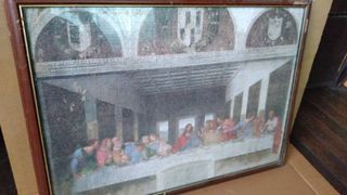 Vintage Antique Hand Painted Sto. Nino on Egyptian Papyrus and Last Supper from Jigsaw Puzzle both encased in Glass Frame