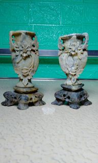 Vintage Chinese soapstone vase flower pair