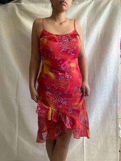 Vintage Question&Answer Red Qipao vibe Chinese Oriental print Chiffon Ruffle Asymmetrical  Midi Dress