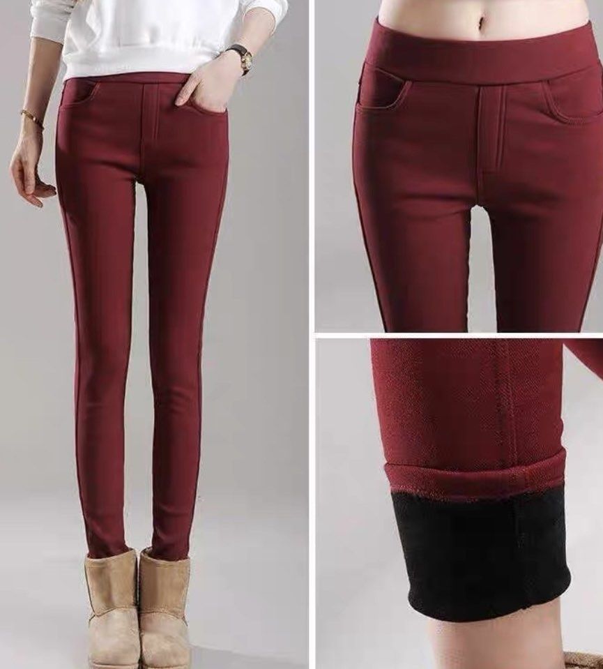 大碼紅色加絨加厚打底褲女外穿秋冬季黑色高腰彈力顯瘦鉛筆小腳褲, 男裝, 褲＆半截裙, 牛仔褲- Carousell