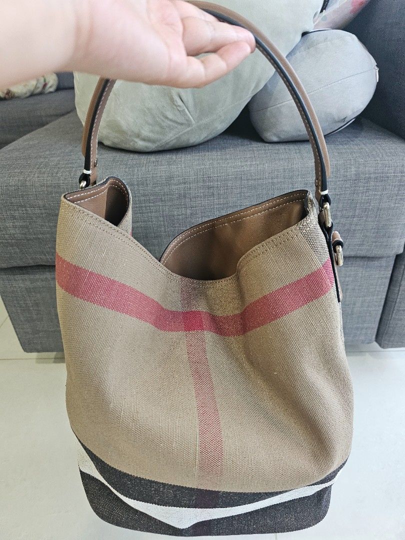 Authentic Burberry Medium Ashby Hobo Nova Check Canvas and brown leather