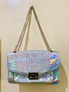 BEBE Ona Silver Iridescent Holograph shiny chain strap bag