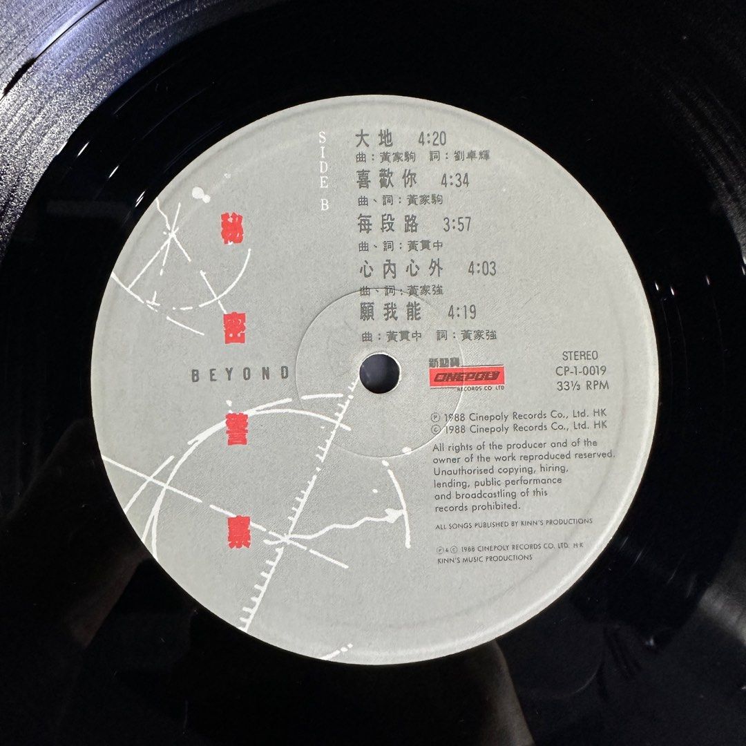 BEYOND（ 秘密警察）封套內置歌詞/ 黑膠唱片LP, 興趣及遊戲, 音樂