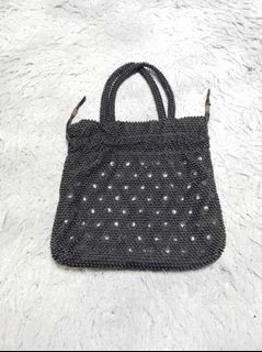 Black Beaded Draw String Tote Bag