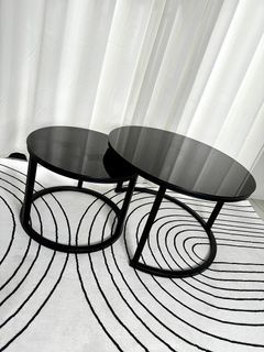 Black Glass Steel Modern Double Round Center Coffee Table 2pcs Set