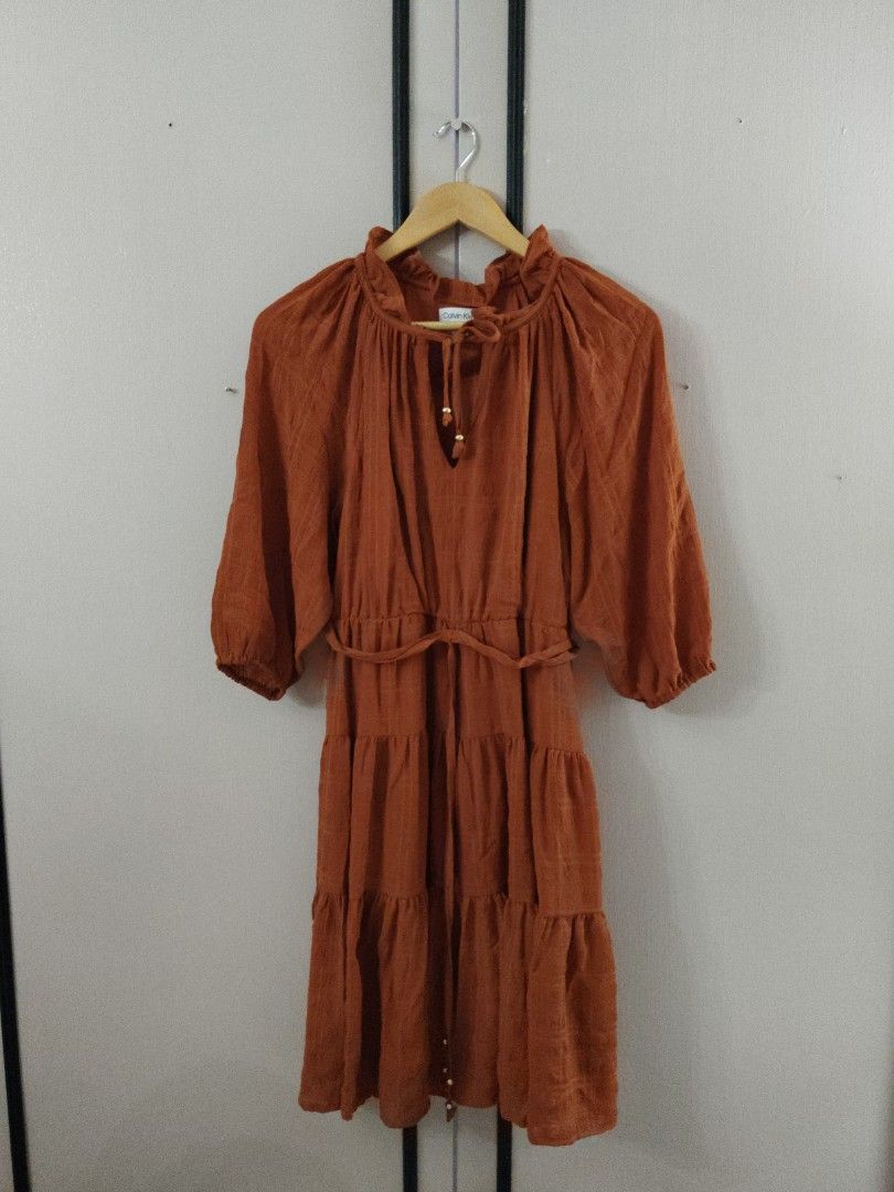 CALVIN KLEIN DRESS | PUFF SLEEVES DRESS | DOUBLE LINING DRESS| RUSTIC  ORANGE BROWN DRESS | WEDDING GUEST DRESS | EVENTS DRESS | PARTY DRESS,  Women's Fashion, Dresses & Sets, Dresses on Carousell
