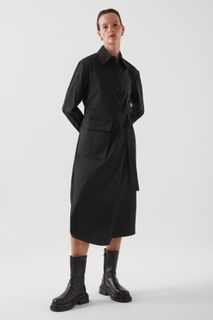 COS belted long coat COTTON utility shirt dress airport dress cold weather winter fall coat cos of Sweden black long coat with belt Size EU 32