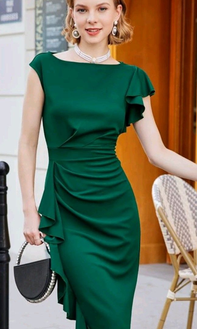 Dark Green Ruffle Slit Pencil Dress Formal MIUSOL, Women's Fashion, Dresses  & Sets, Evening dresses & gowns on Carousell