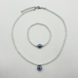 Evil Eye Pendant Clear Beads Choker Necklace and Bracelet Jewelry Set