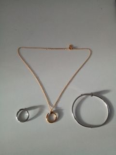 Gold nail necklace, silver nail ring and bangle bundle