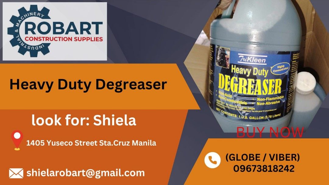 Heavy Duty Degreaser (Category: Construction Tools & Equipment) located in Caloocan City. Submitted by shielaroba44709 (Listing ID 1310498263, Image 1). Description: Heavy Duty Degreaser Size: 3.78 Liters Brand: Tri-Kleen SEND US MESSAGE FOR INQUIRIES ‼️‼️ Call: 09673818242 / 09662708845 Landline: 8636-3005 / 7746-6248 / 7002-2872 Look For: Shiela Robart Email: shielarobart@gmail. com robartconstructionsupplies@gmail. com 🔵100% Trusted Supplier 
