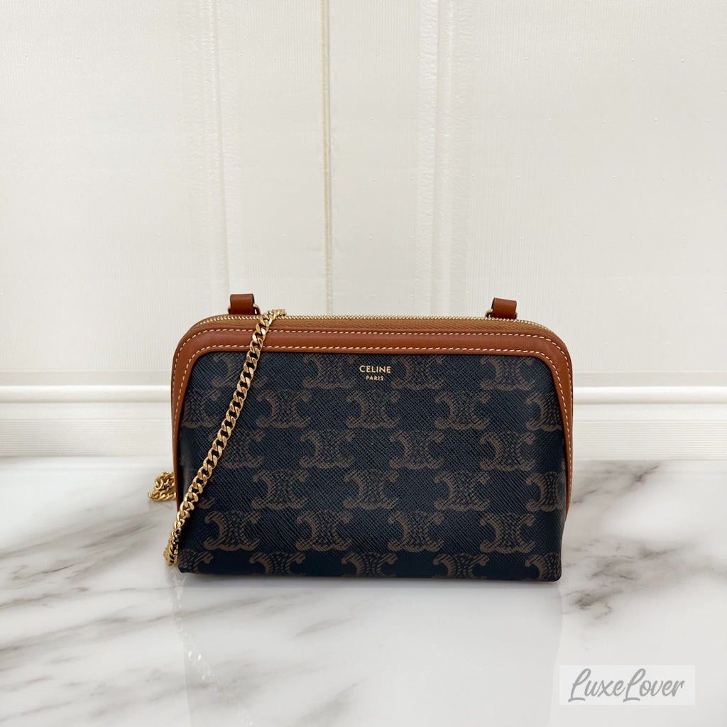 Retail 1400 Celine Clutch on Chain in Triomphe Canvas Tan Calfskin and GHW Luxury Bags Wallets on Carousell