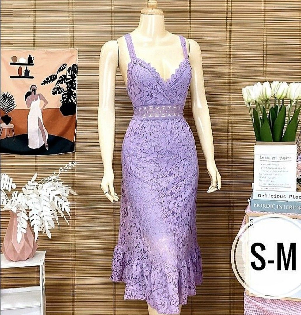 Romantic Lavender Lace Midi Dress with Lining Women s Fashion Dresses Sets Dresses on Carousell