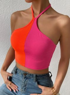 SHEIN EZwear Two Tone Tie Backless Crop Halter Top