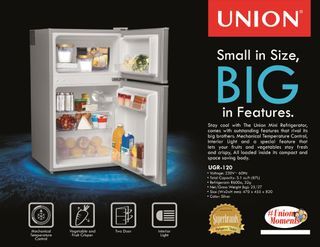Union 3.1 cu ft Two Door Mini Home Refrigerator For Sale