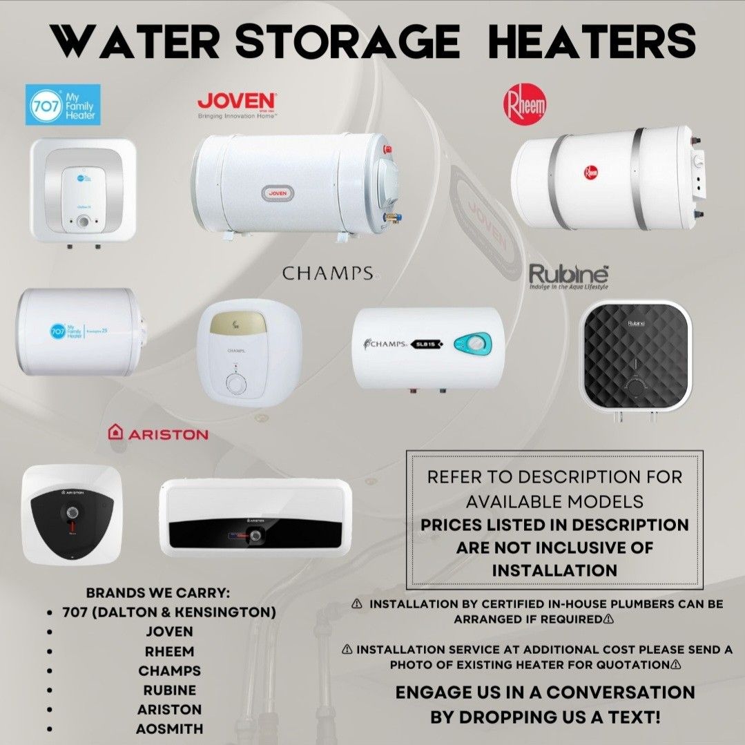 Water Storage/ Instant Heater ARISTON, 707, RHEEM, JOVEN, CHAMPS