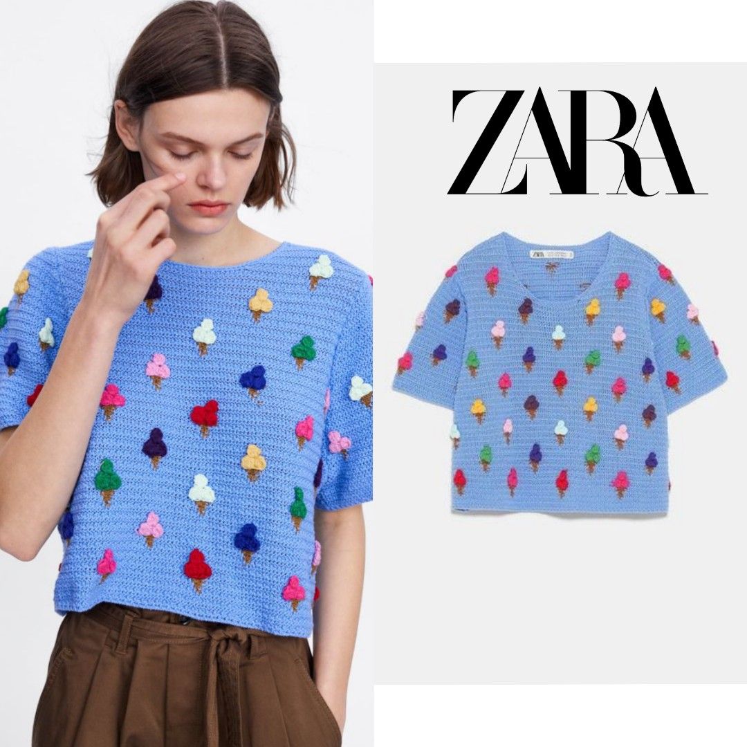 Zara Blue Textured Weave Ice Cream Embroidered Sweater Barang Yang Dicari di Carousell