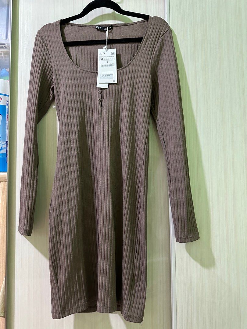 ZARA RIBBED BUTTON-UP DRESS - Brown / Taupe, Women's Fashion, Dresses &  Sets, Dresses on Carousell