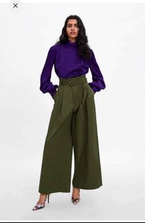 Zara Wide Leg Belted Khaki Army Green Trouser