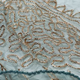 ZARDOSI EMBROIDERED Otherworldly Indian Gold Intricate Needlework Chains Glass Embroidered Nostalgic Blue Scarf Elegant Opulent Veil Hand Stitched Hand Rolled Hem