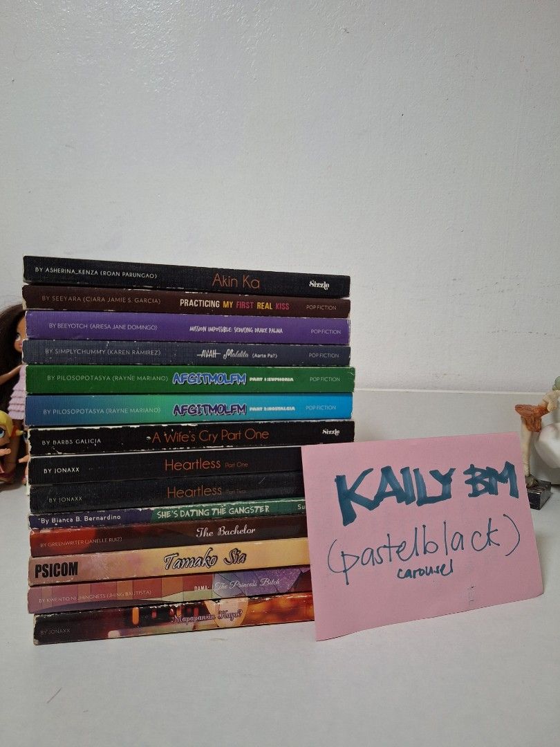 14pcs WATTPAD BOOKS BUNDLE (Category: Storybooks) located in Cabuyao City. Submitted by pastelblack88 (Listing ID 1310773040, Image 1). Description: Mostly in great condition!! 1. Akin Ka 2. Practicing my first real kiss 3. Avah Maldita 4. AFGITMOLFM 1 5. AFGITMOLFM 2 6. A wife's cry 7. Heartless 1 8. Heartless 2 9. She's dating the gangster (first edition) 10. The bachelor 11. Tamako Sia (signed by author) 12. Dama: The princess btxh 13. Mapapan