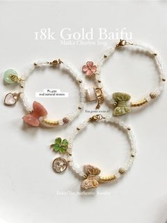 18k Gold BAIFU in natural stone bracelet! White jade + Alashan Agate ribbon charm ✨