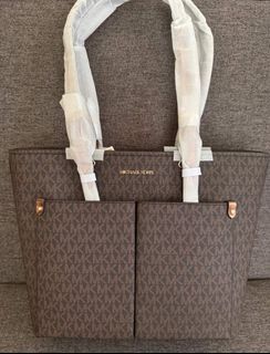 💯 Original Michael Kors Jet Set Medium Signature Logo Pocket Tote Bag in Brown/Metallic Straps 🫶