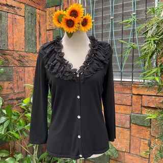 Alberto Makali ruffled top Black cardigan blouse with ruffle frilled collar beads and rhinestones embellishment Size US Large - can fit small- Large Filipina