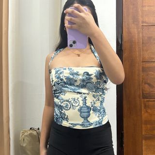 blue and white floral print halter neck top