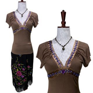 Brown Beaded Low V-Neck Short Sleeve Top