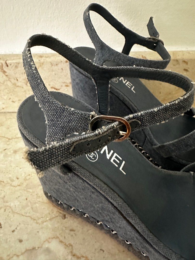 Chanel denim cloth sandals, Women's Fashion, Footwear, Wedges on