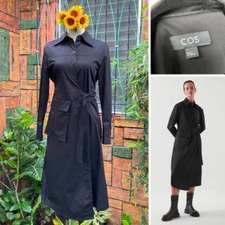 Cos belted long dress coat COTTON utility shirt dress airport dress cold weather winter fall coat cos of Sweden black long coat with belt Size EU 32