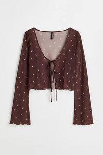 Dainty Dark Brown Floral Print Tie Front Mesh Sheer Bell Sleeves Top | Y2K Coquette Beach Casual