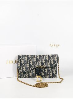 Dior Blue Oblique Jacquard Saddle Wallet on Chain