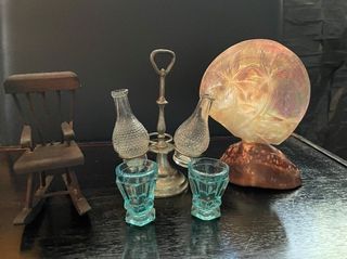 Filipiniana shell, mini wooden rocking chair, tiny silver stand w canisters and glasses