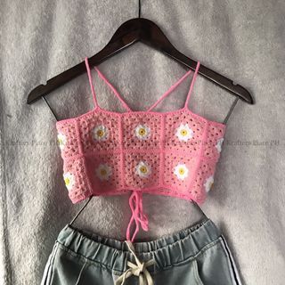 Handmade Pink Daisy Granny Square Crochet Top 🌸