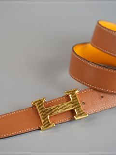 Hermes Constance Belt Brass Gold Buckle H & Reversible Leather Strap (Gold/Orange) (85cm)