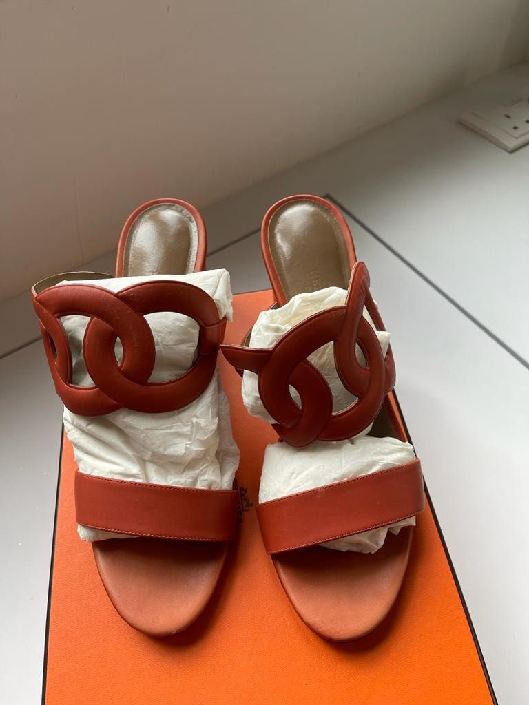 Hermes Orange Leather Brulee Peace Slide Sandals