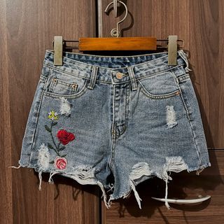 High Waisted Flower Embroidery Denim Short Shorts