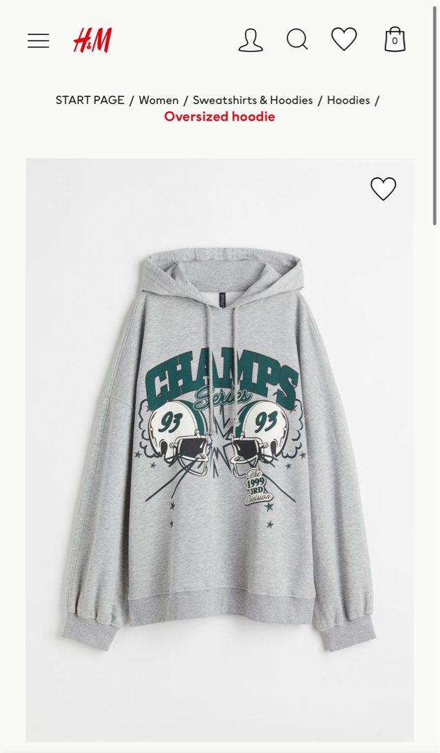 H&M Champs Oversized Hoodie (Category: Hoodies) located in Manila. Submitted by calevrs (Listing ID 1310721966, Image 3). Description: ⊹ size XS ⊹ item is good as new, been worn for like 1 to 3 times only ⊹ bought directly from H&M store ⊹ pic when worn is shown in the last slide, i'm 5'6 so smaller figures would fit the oversize better ⊹ can send more pics upon request ⊹ rfs: decluttering.